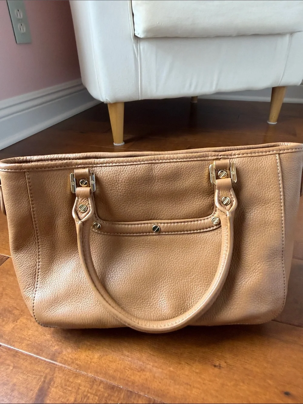 Tory Burch Cognac Pebbled Leather Tote with Logo Medallion